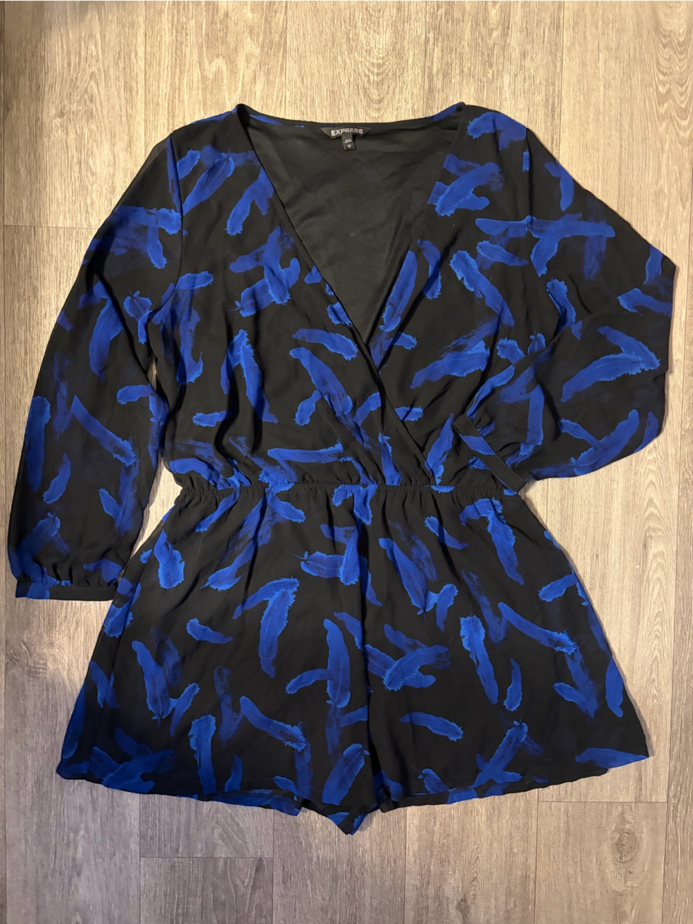 Express Black Blue Feather Print Kimono Sleeve Romper Large